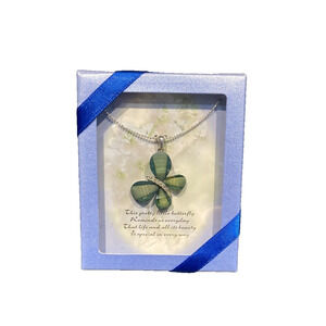 1980s Green Iridescent Butterfly Pendant Necklace Silver Tone Chain NIB Vintage